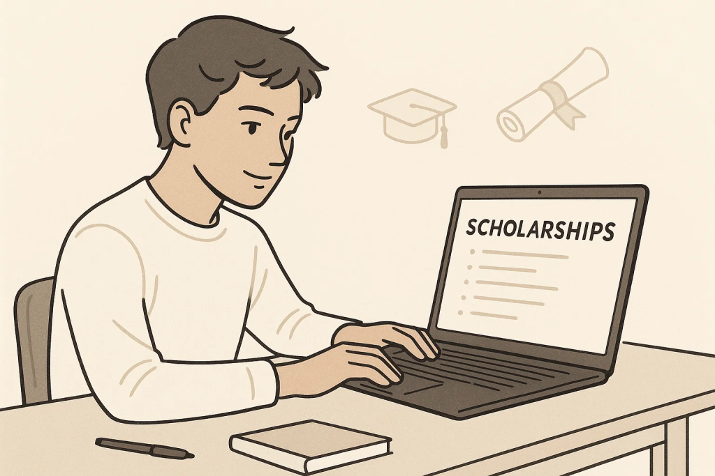 A college student sits at a clean desk with a laptop, checking scholarship websites like Fastweb and Going Merry. The screen shows a scholarship search page. The scene is bright, calm, and focused—symbolizing smart, organized hustle to find scholarships and reduce college costs.
