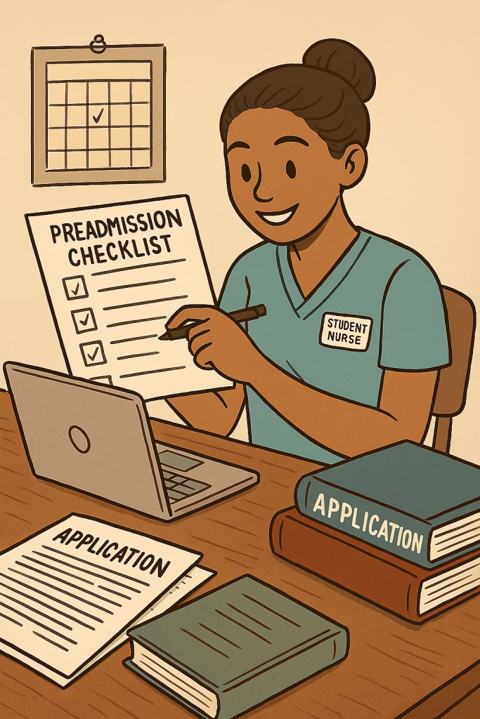 Illustration of a student nurse checking off a grad school preadmission checklist with documents, laptop, and planner
